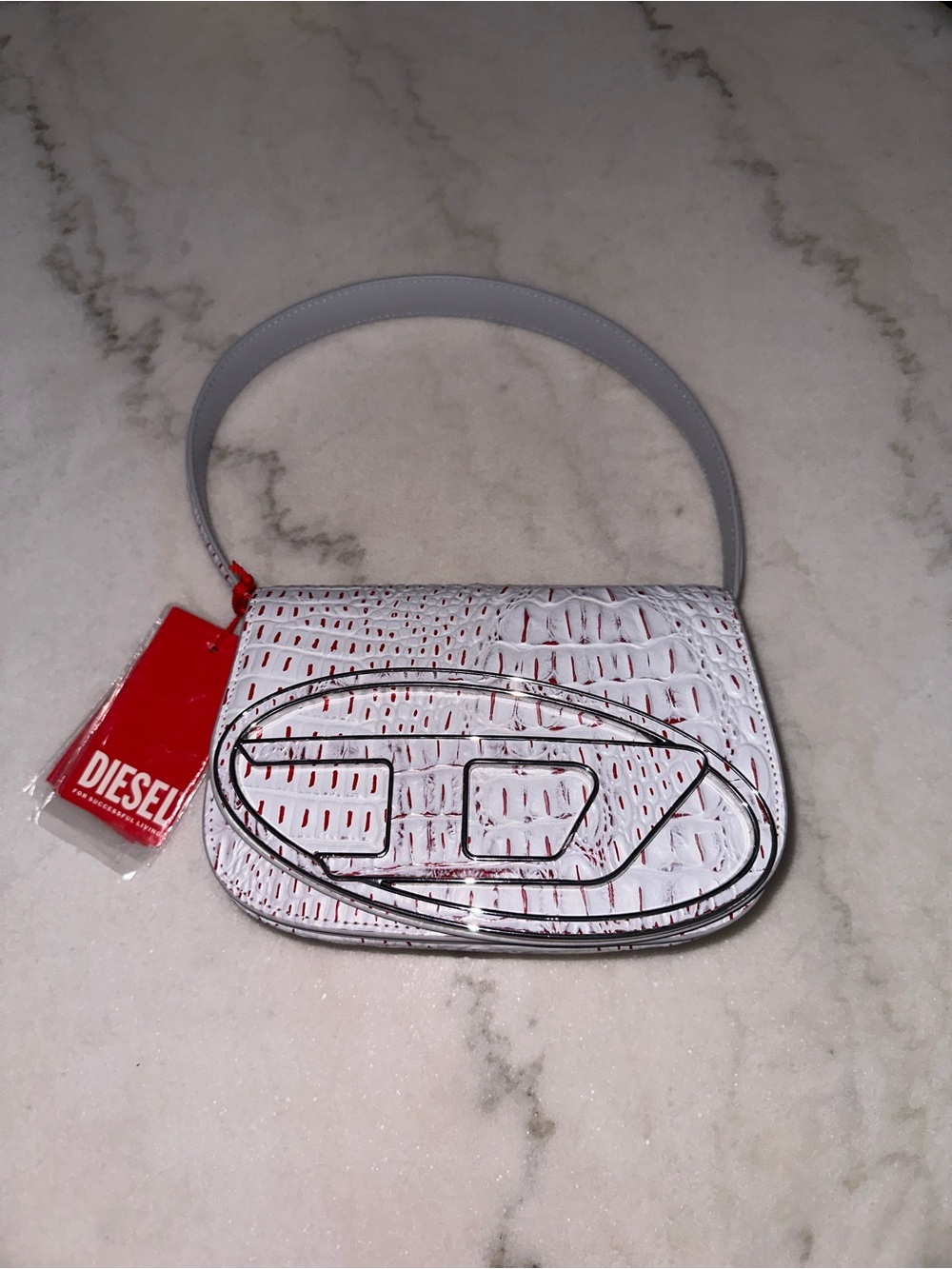Diesel Women's White Croc-Embossed Shoulder Bag with Red Accent